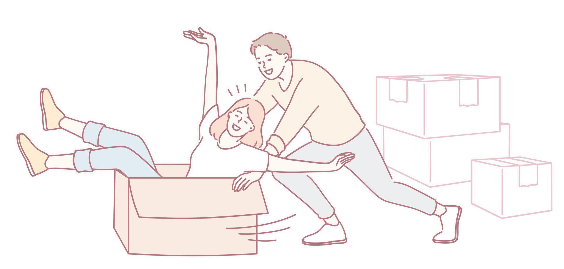 Enjoying Playful Moments Together with a Cardboard Box Full of Adventures and Fun Activities vector