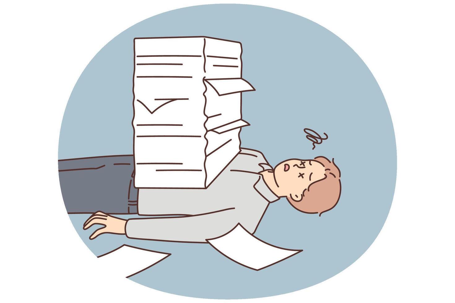 Stressed man lying under paperwork pile vector