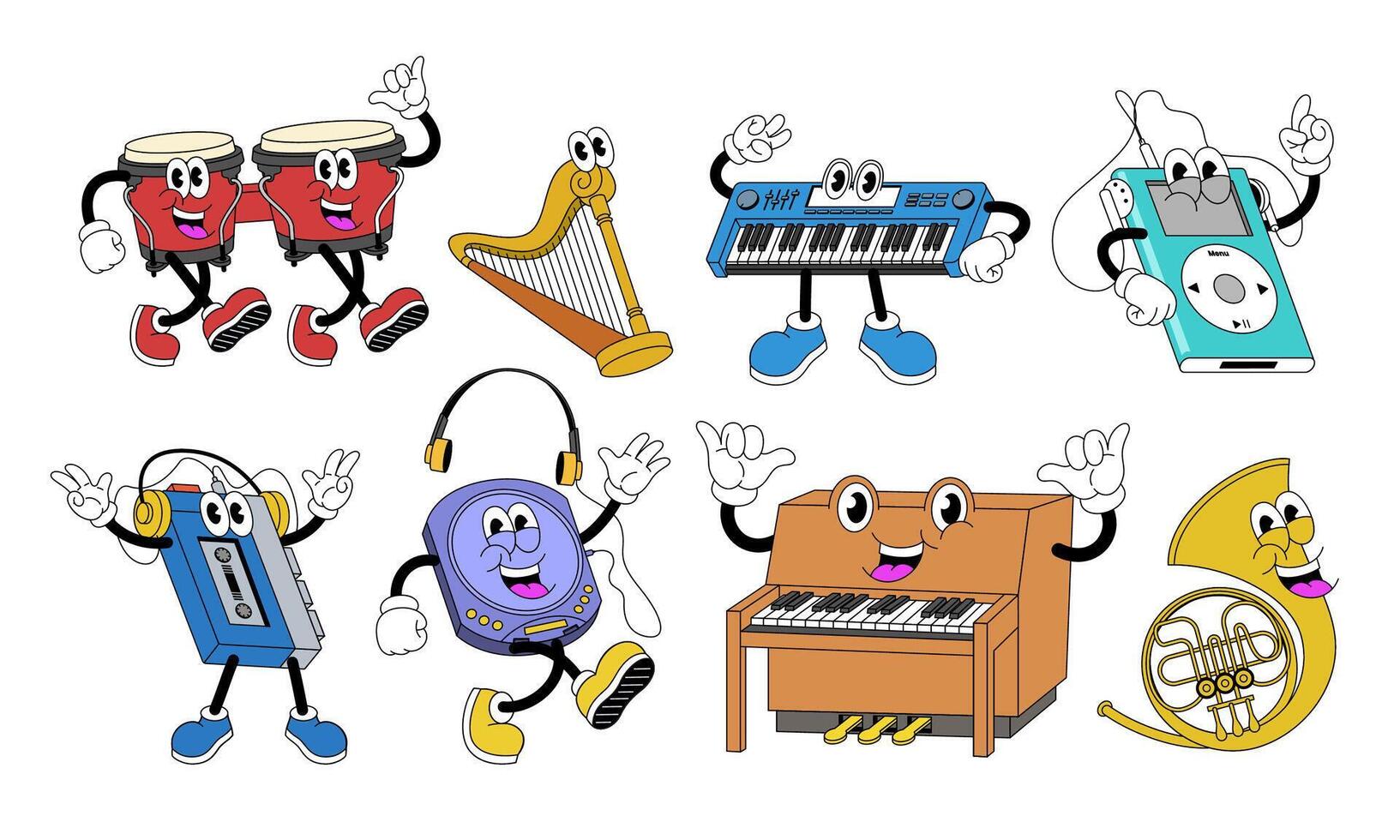 Set of Music Instrument Cartoon Character in Retro Style vector