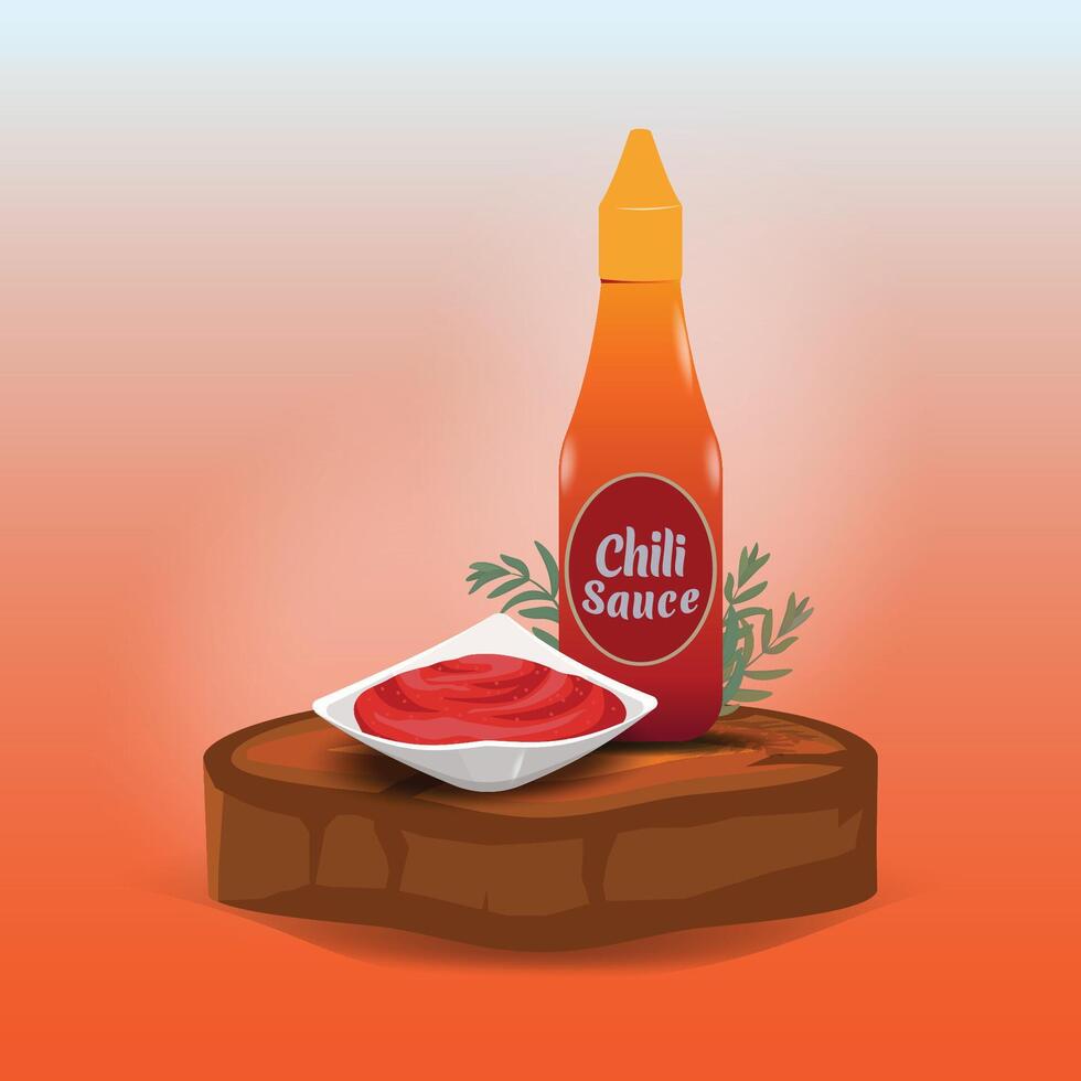 Chili sauce in bottle and small bowl illustration vector