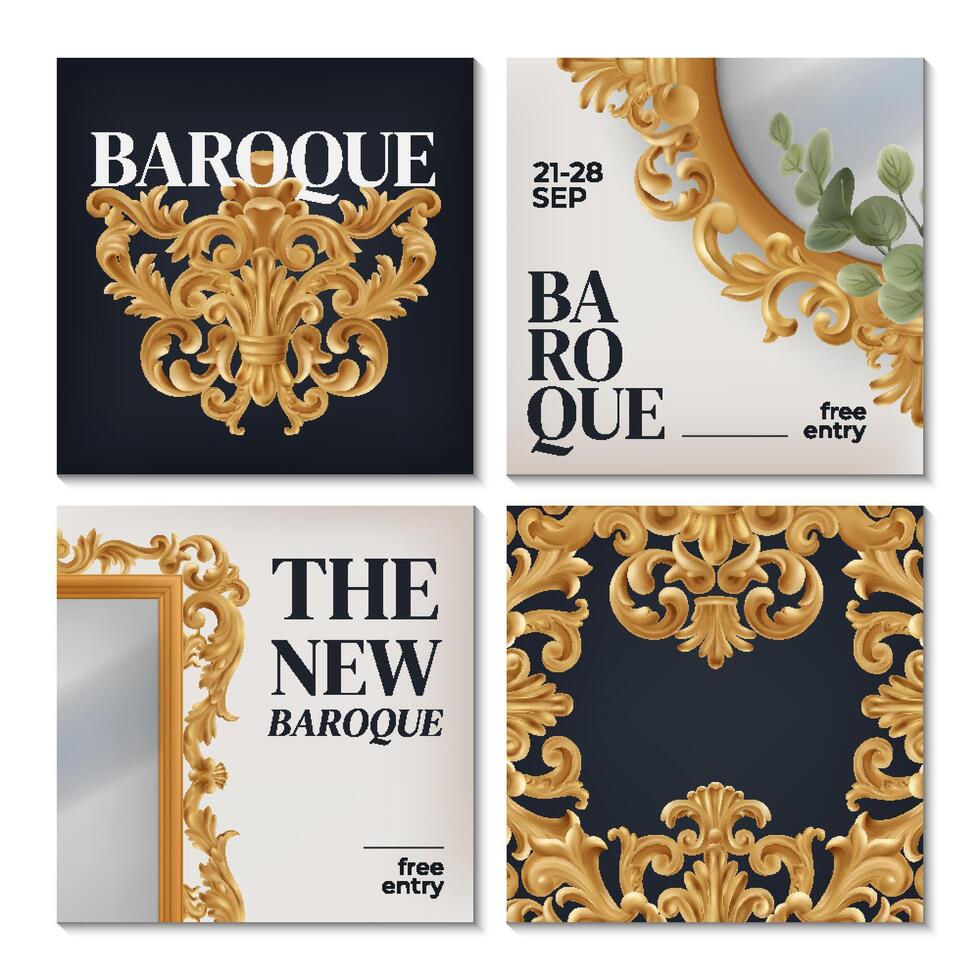Golden Baroque Ornamented Square Card Set vector