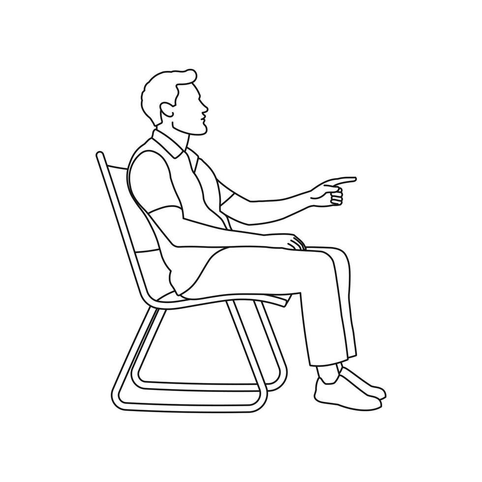 Sketch of a silhouette of a young man, boy sitting on a chair, male pointing the way with his hand vector