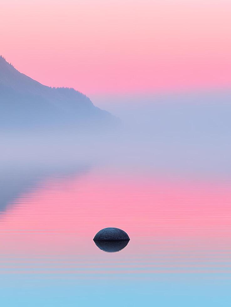 A serene landscape featuring a smooth rock in calm water under a pastel colored sky at dawn or dusk photo