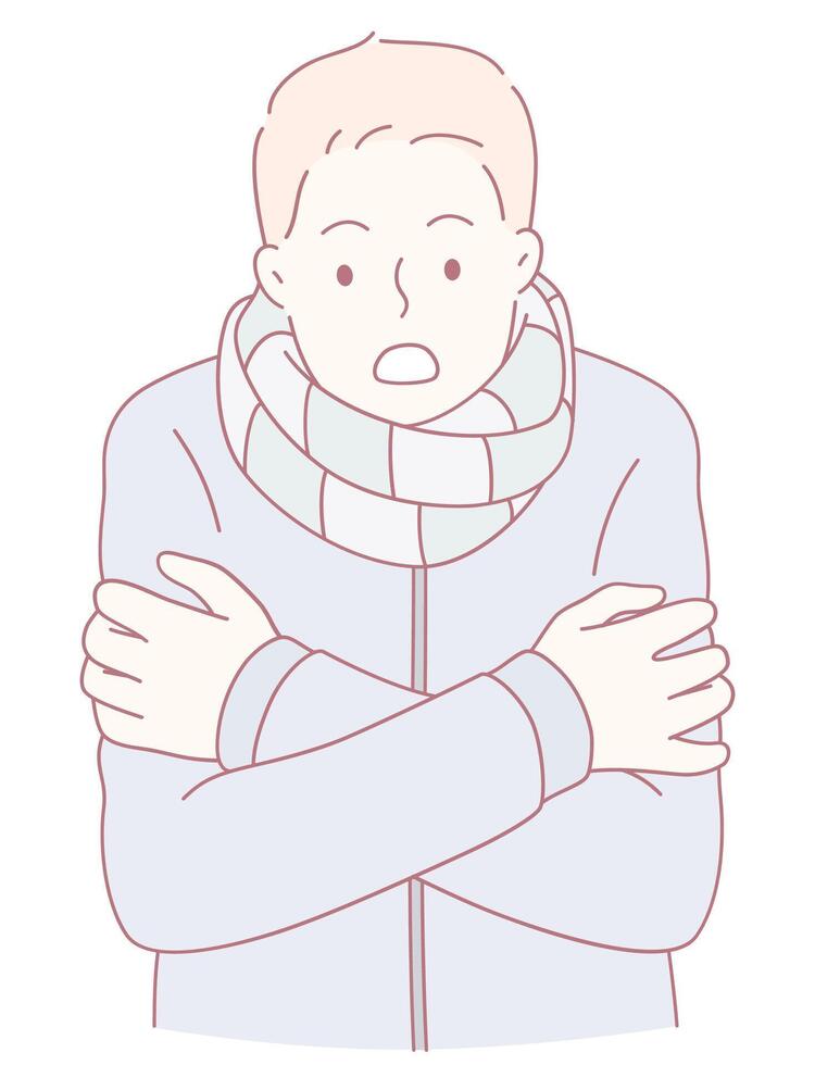 A person is shivering while wearing winter clothing that includes a cozy scarf for warmth vector