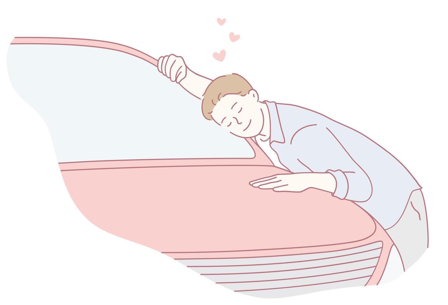 A Man Showing Deep Affection and Admiration for His Beloved Car with Great Emotion vector