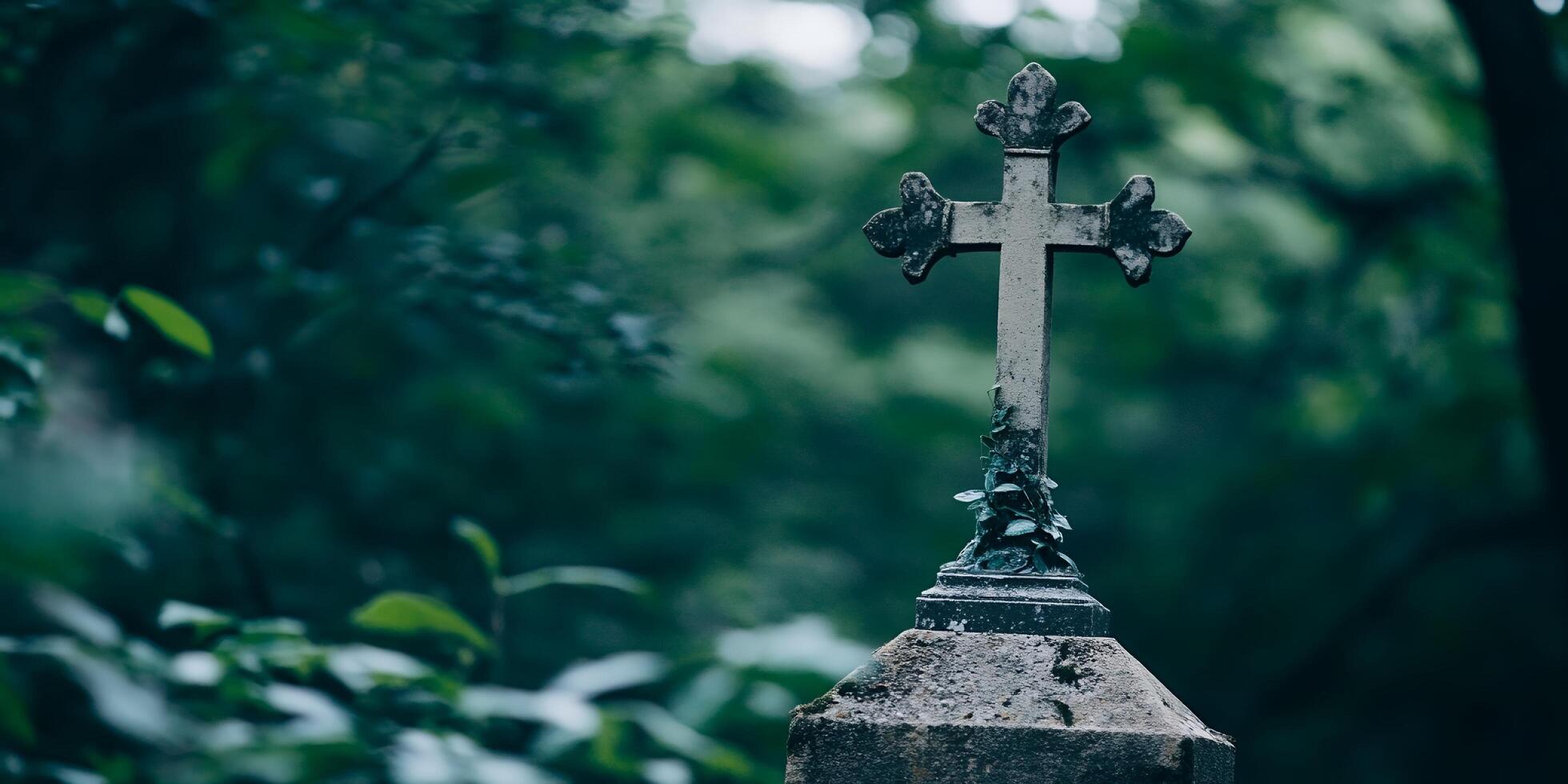 A weathered stone cross stands in a lush green cemetery with trees in the background and ivy growing photo