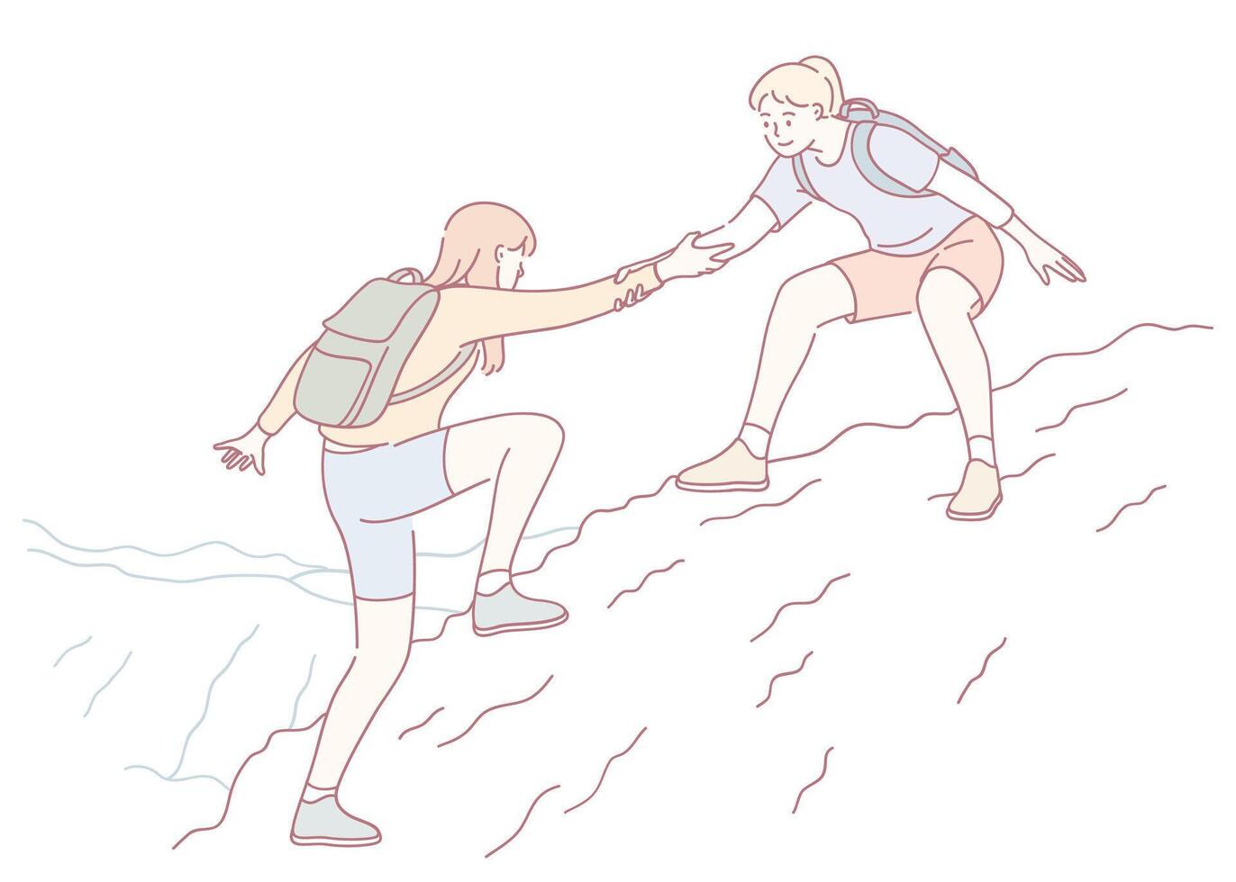 Two friends working together to assist each other in a challenging mountain climb adventure vector