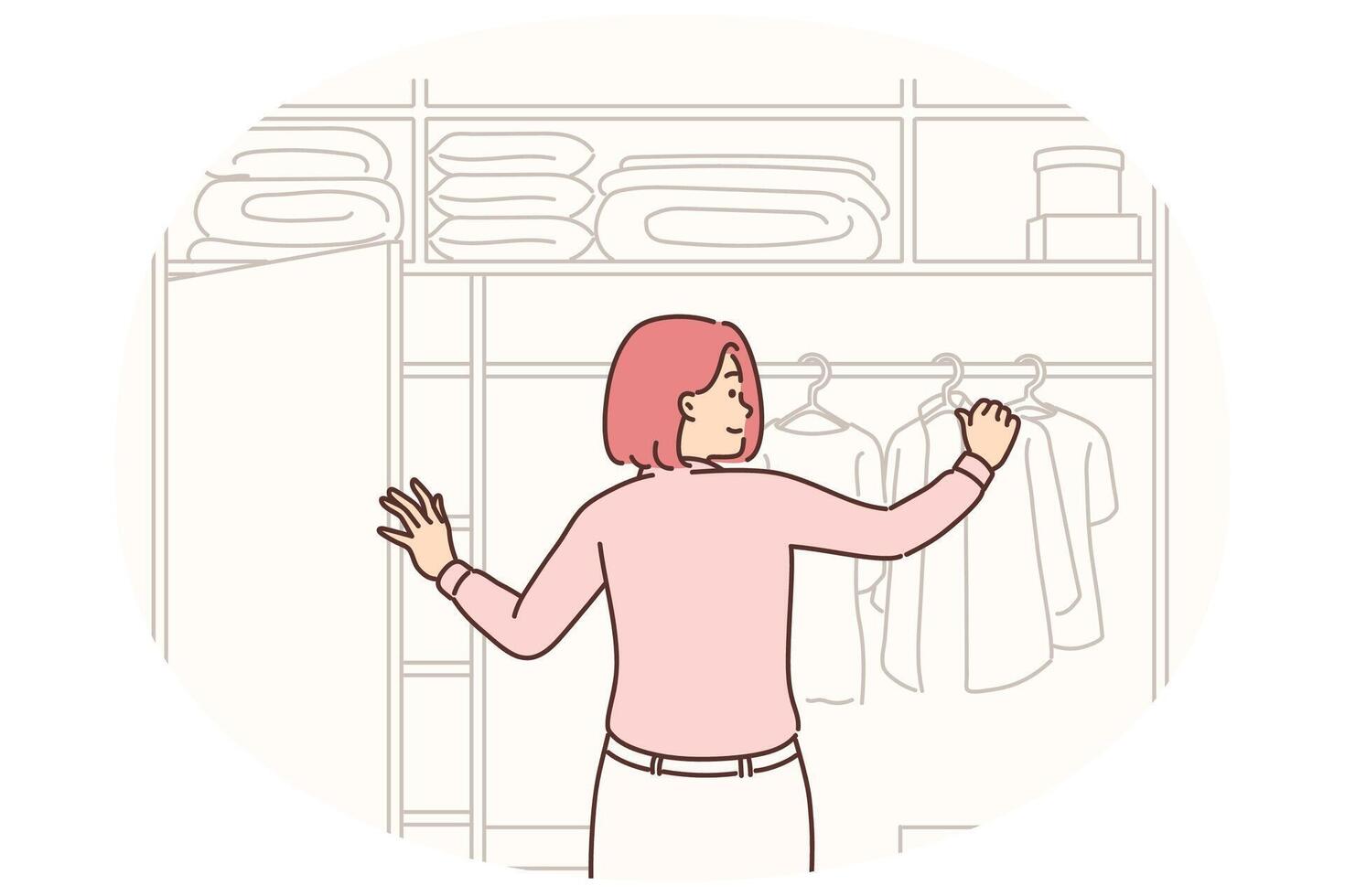 Woman stands with back to screen near large wardrobe closet choosing outfit for going to work vector