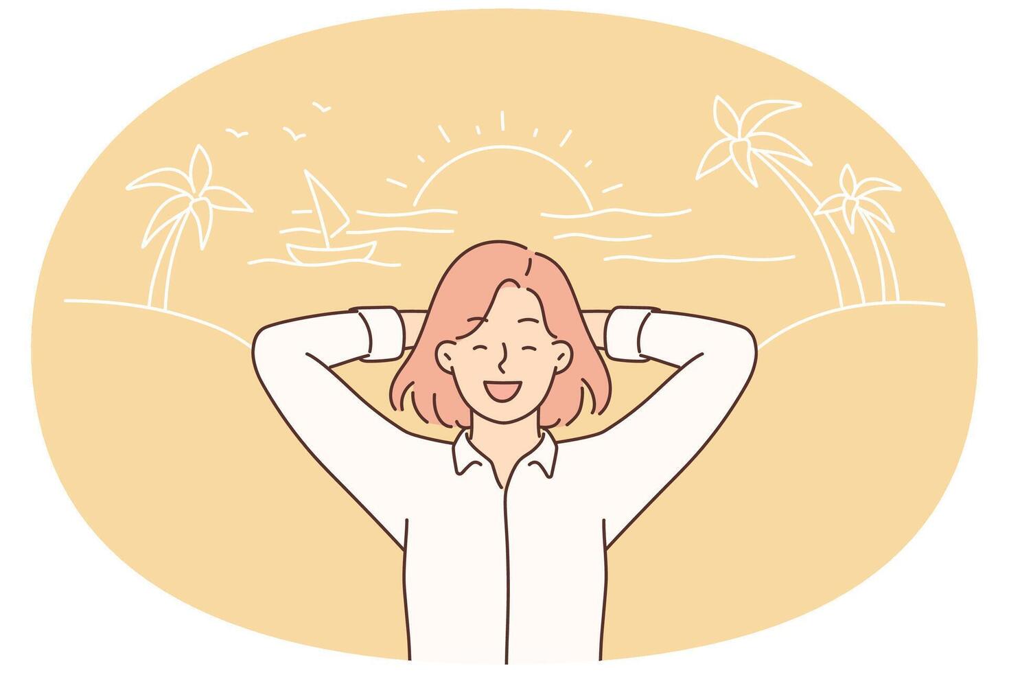 Happy woman in business clothes on sea beach with palm trees and sunny sunset during summer vacation vector