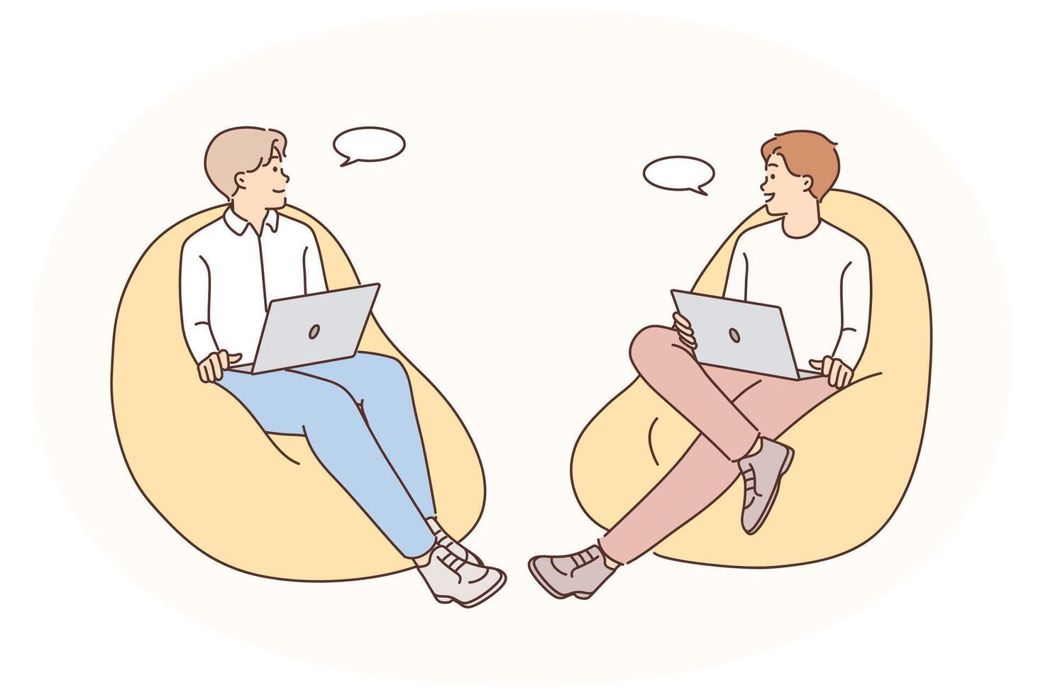 Smiling male colleagues talk working on laptop vector