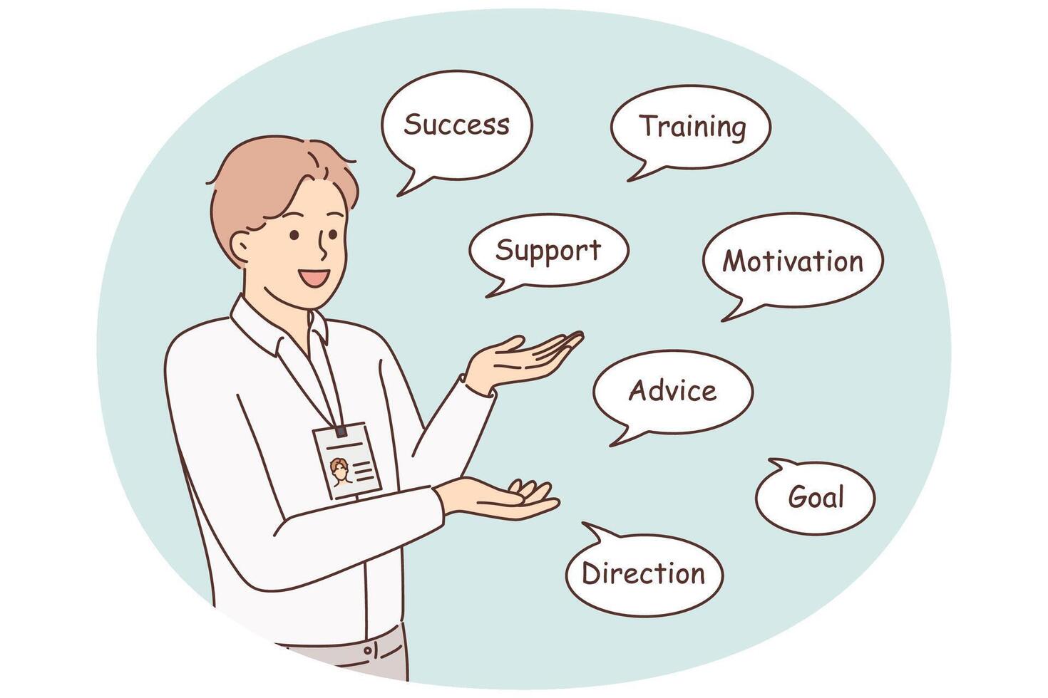 Motivated businessman with work words in talk balloons vector