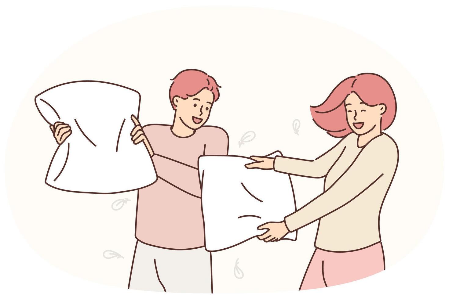 Smiling couple involved in pillow fight vector