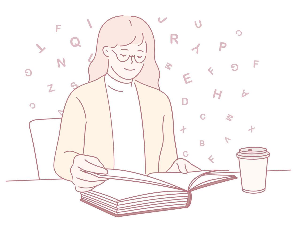 A person is engaged in reading while surrounded by floating letters and sipping coffee vector