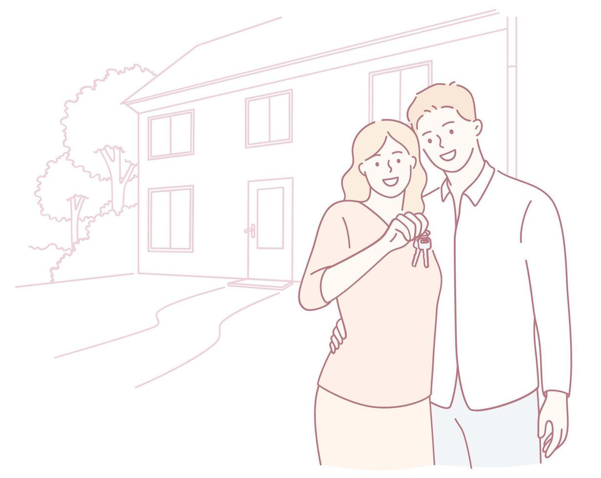 A joyful couple proudly holding their brand new house keys in front of their stunning home vector