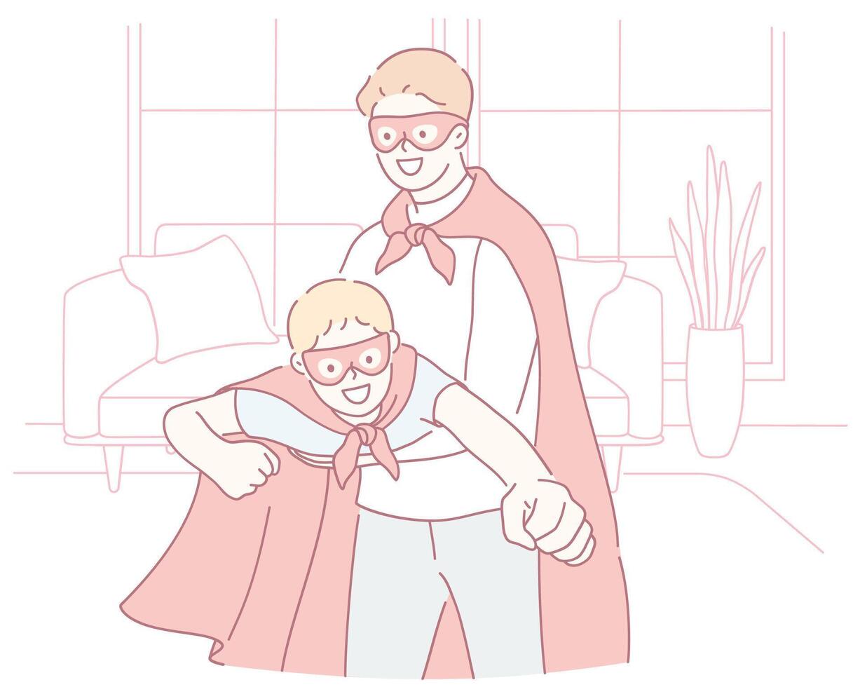 Superhero Dad and Son Creating Colorful Illustrations of Their Precious Bonding Moments vector