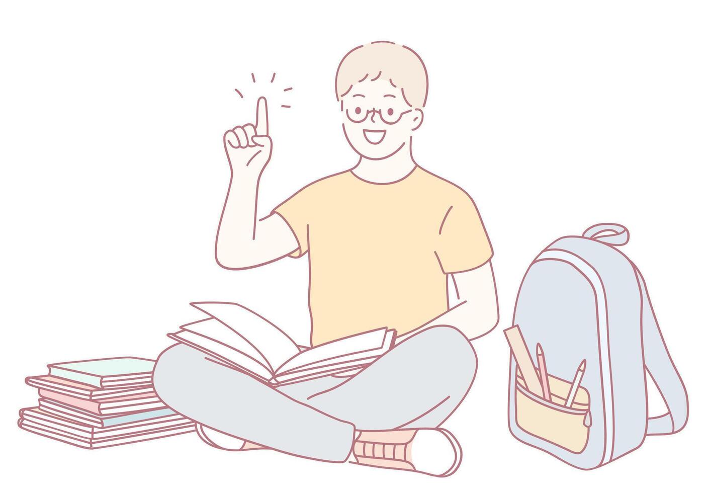 A student deeply engrossed in reading a book while having a backpack with stationery items vector