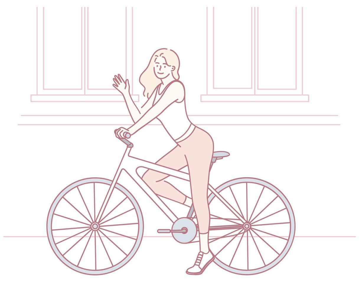 A Stylish Woman Riding a Bicycle Gracefully in a Vibrant Urban Environment Setting vector