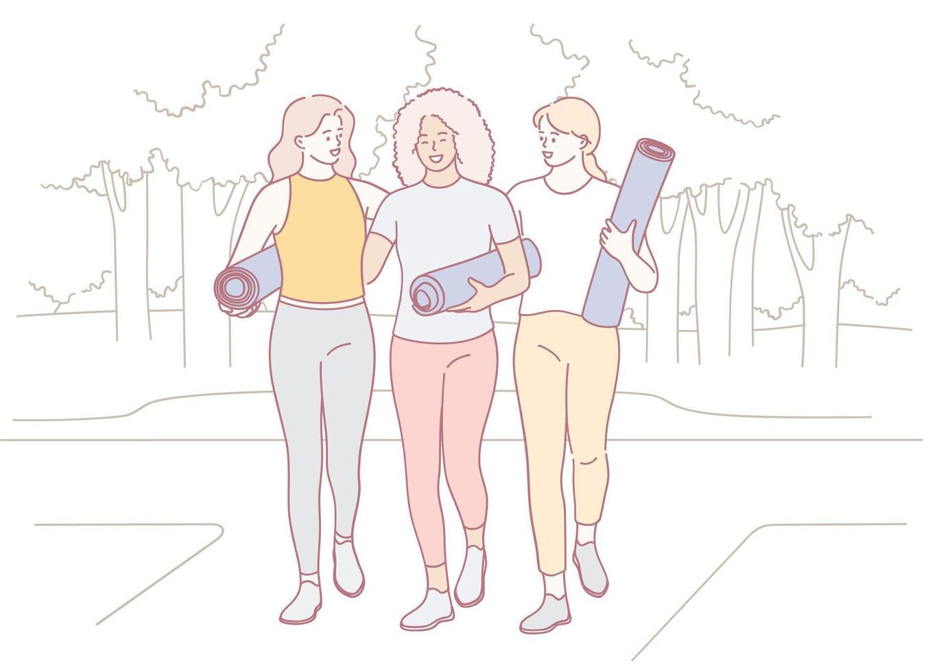 A group of friends joyfully enjoying a yoga class held outdoors on their colorful mats vector
