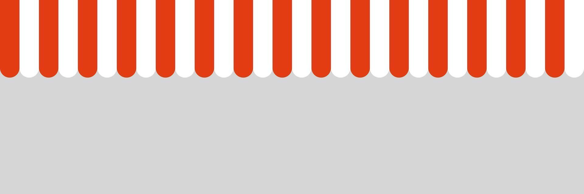 Red and white stripe shop awning. Market canopy tent. Sun shade roof. Cafe awning. Shop striped canopy. Seamless pattern. Kiosk window border. illustration isolated on gray background vector