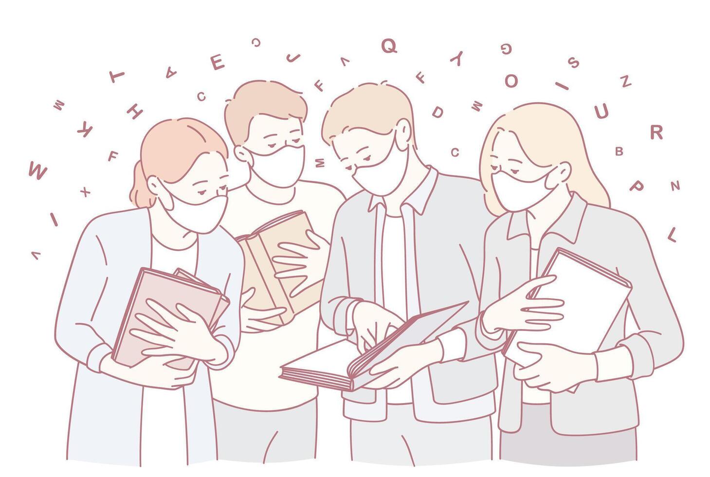 A Group of People Actively Engaged in Various Learning Activities While Wearing Masks vector