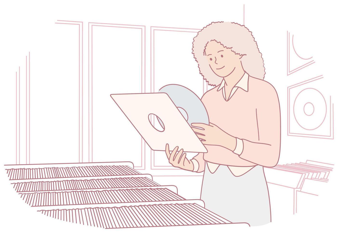 Women Engaging with Vinyl Records at a Local Media Store for Their Musical Enjoyment vector