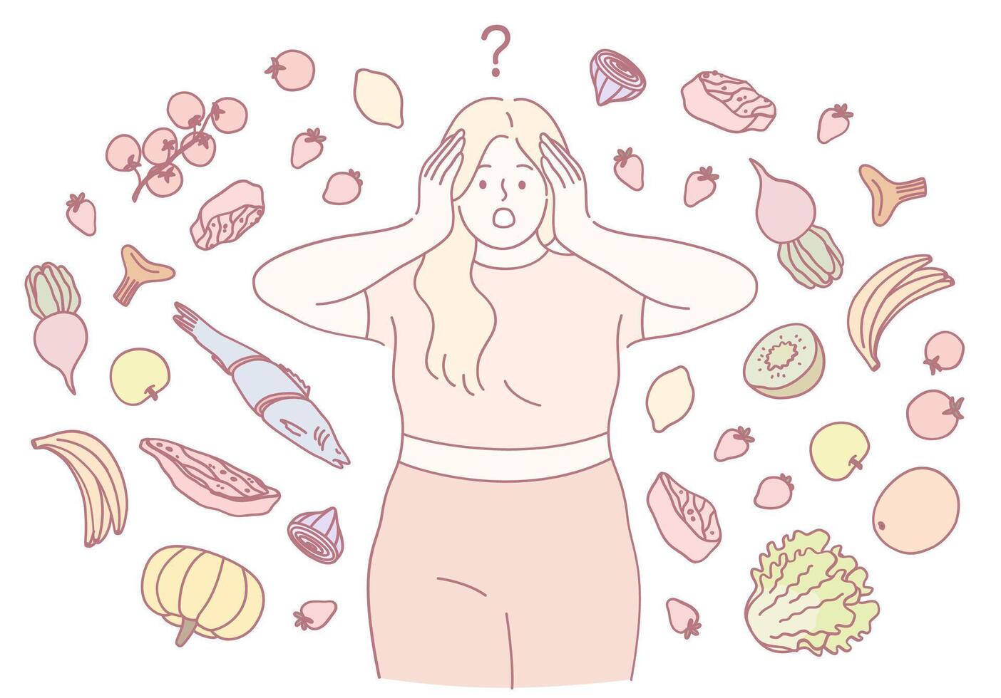 A Confused Woman Finds Herself Surrounded by Numerous Irresistible Food Choices and Options vector