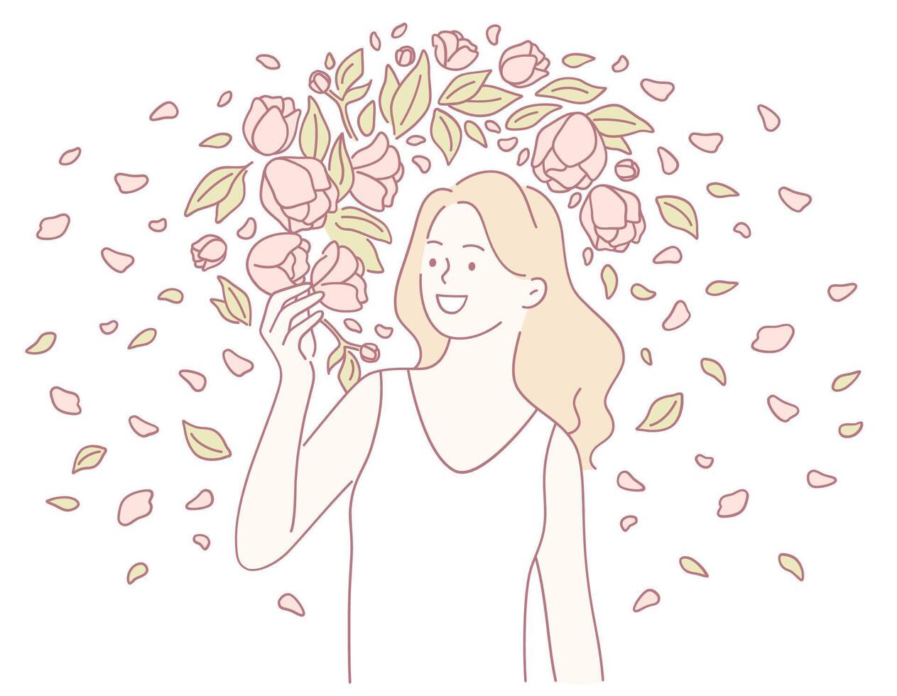 A Joyful Woman Surrounded by Beautiful and Colorful Flowers in a Serene Outdoor Setting vector