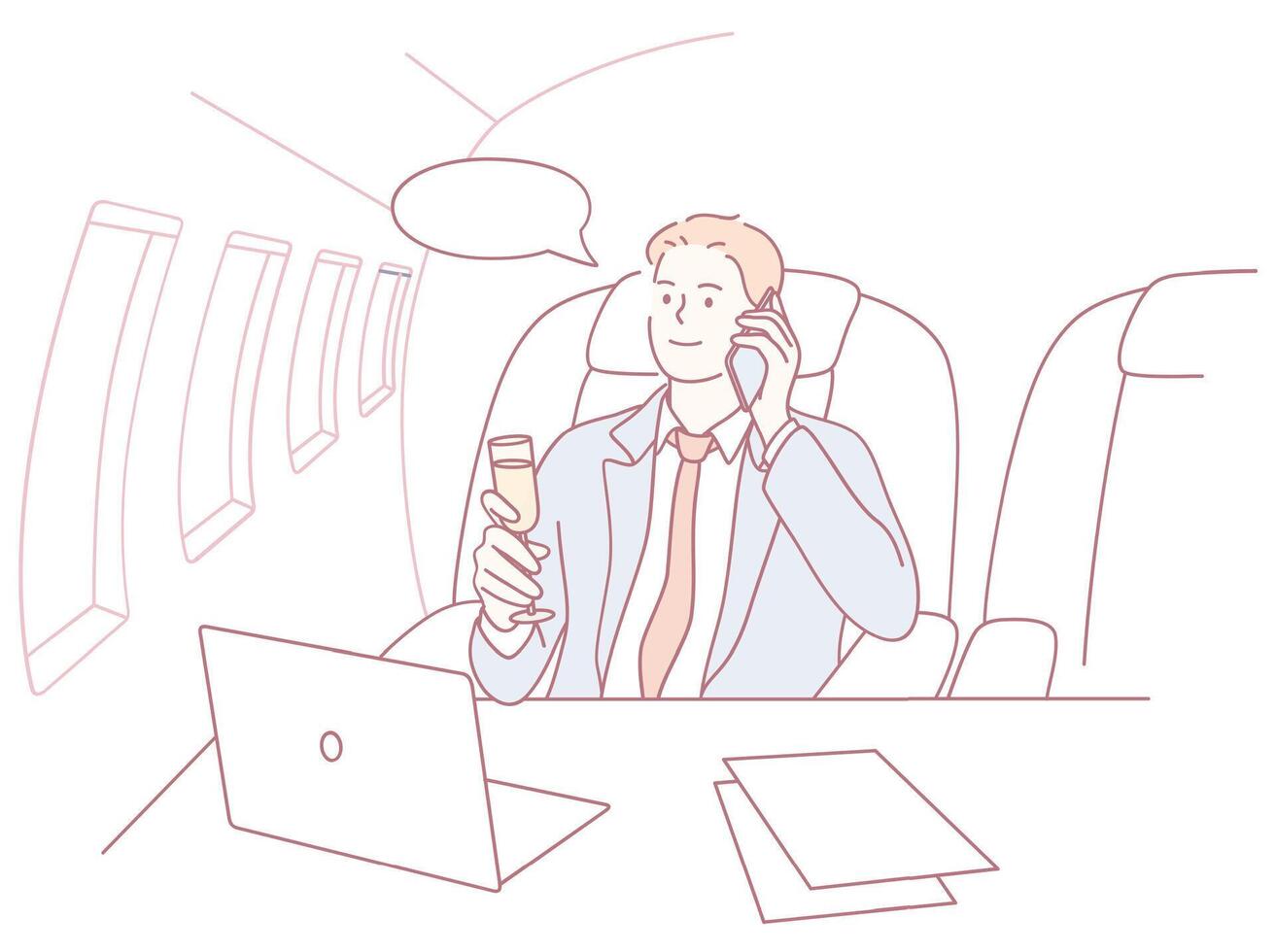 A successful businessman on a luxurious private jet, enjoying a drink and focusing on tasks vector