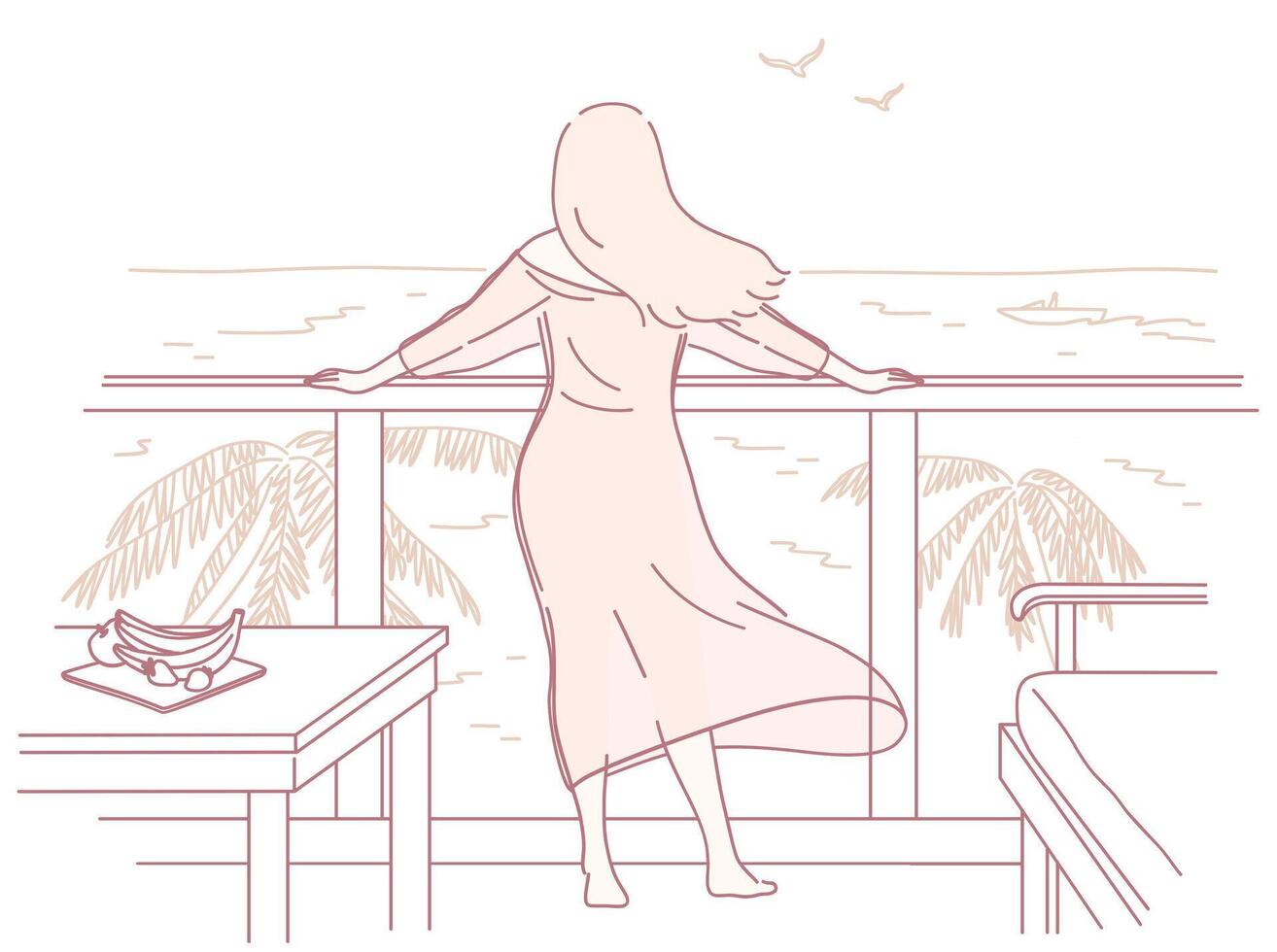 A Contemplative Woman is Enjoying a Breathtaking Scenic Ocean View from Her Balcony vector
