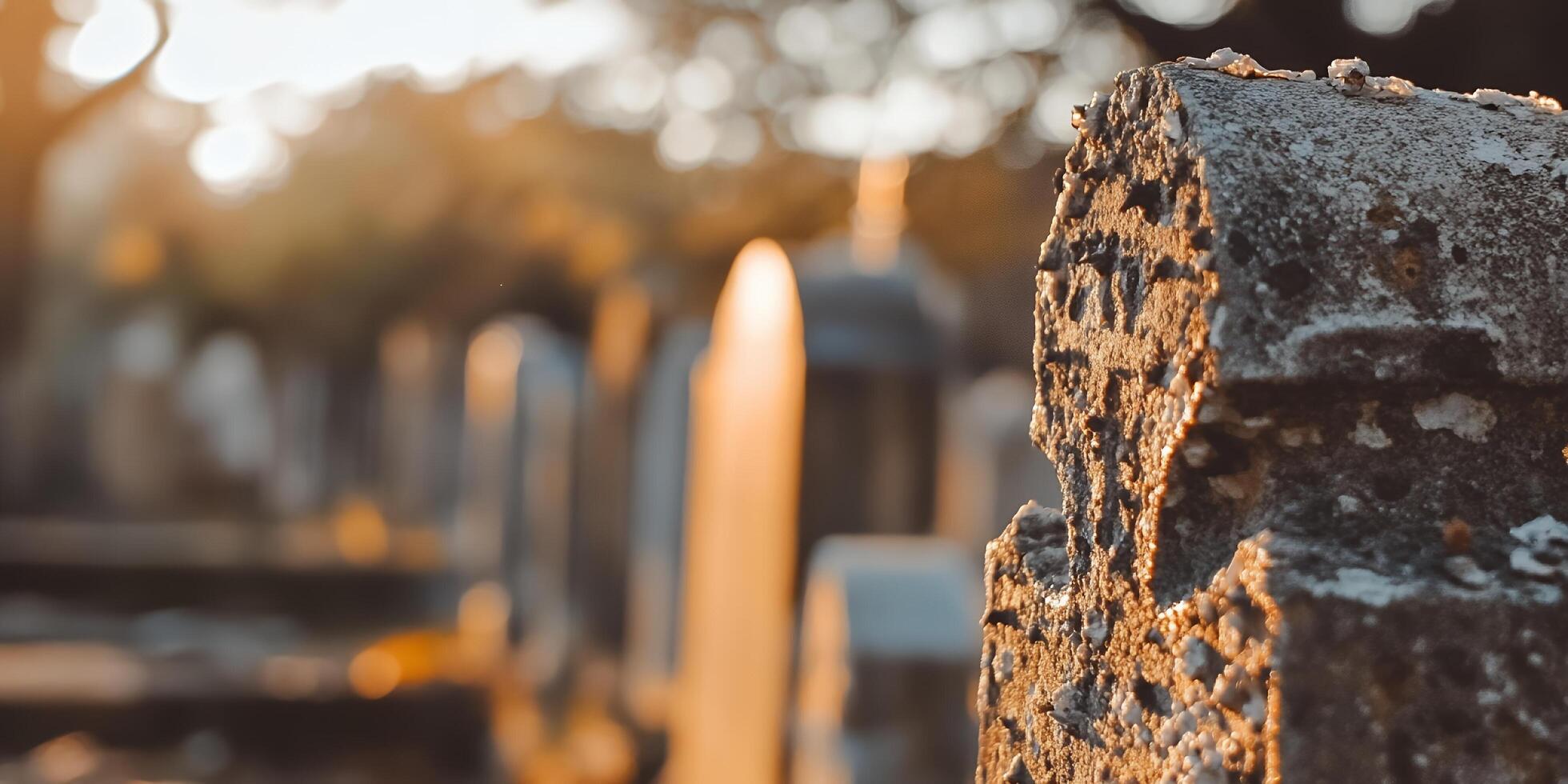 Close up of a weathered stone tombstone in a cemetery with blurred background at sunset time light photo