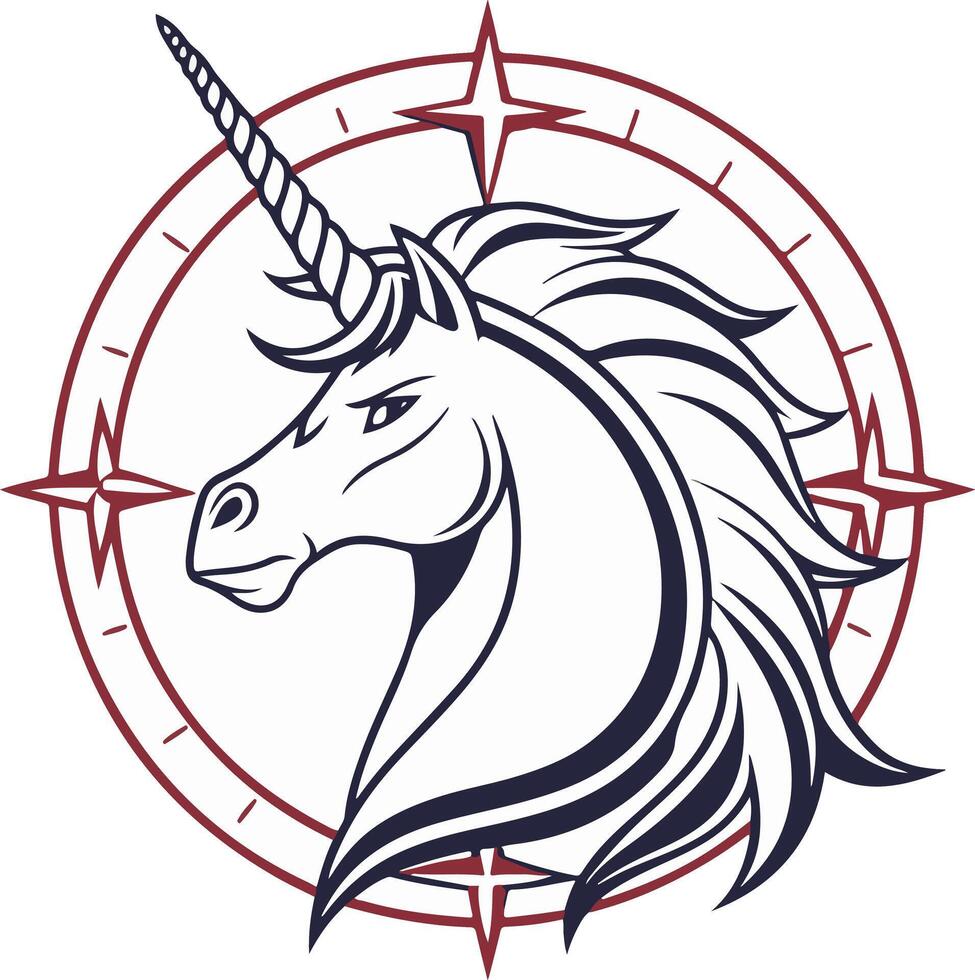 Circular unicorn head crest with bold symmetry and clean lines, modern flat layout great for fantasy logos vector