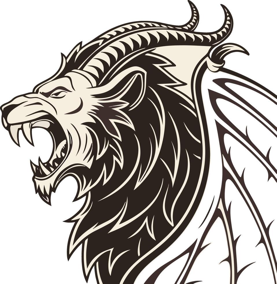 Fantasy chimera with lion, goat, and serpent heads, fierce look and dark comic design, isolated RPG beast for monster themes vector
