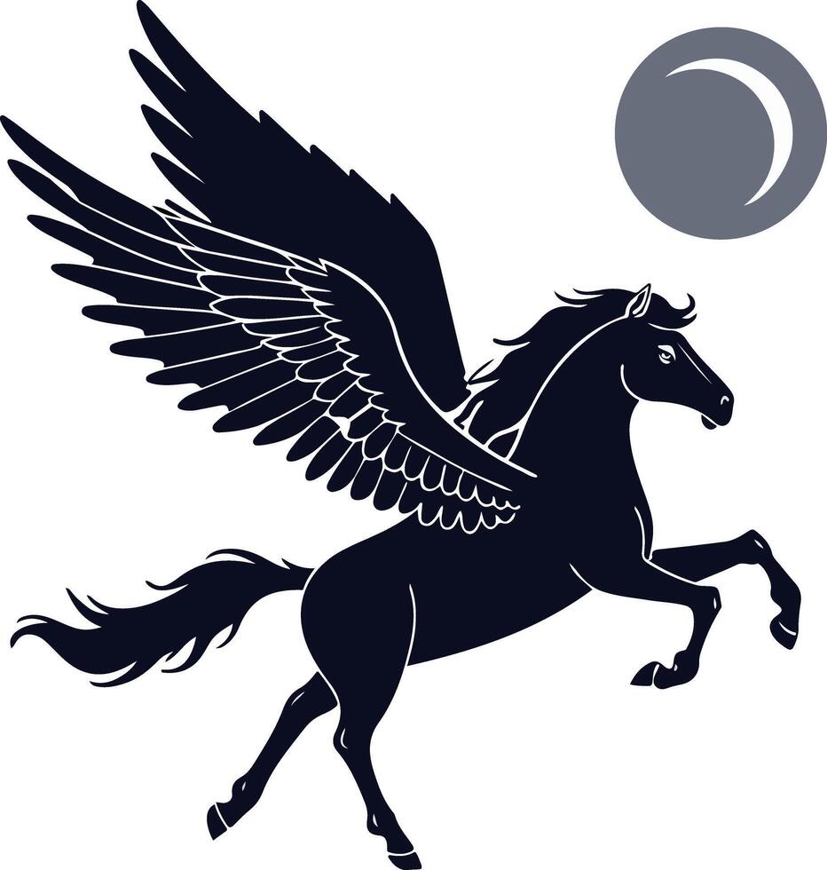 Black silhouette pegasus flying through starry sky, night theme with scattered stars perfect for dreamy celestial illustrations vector
