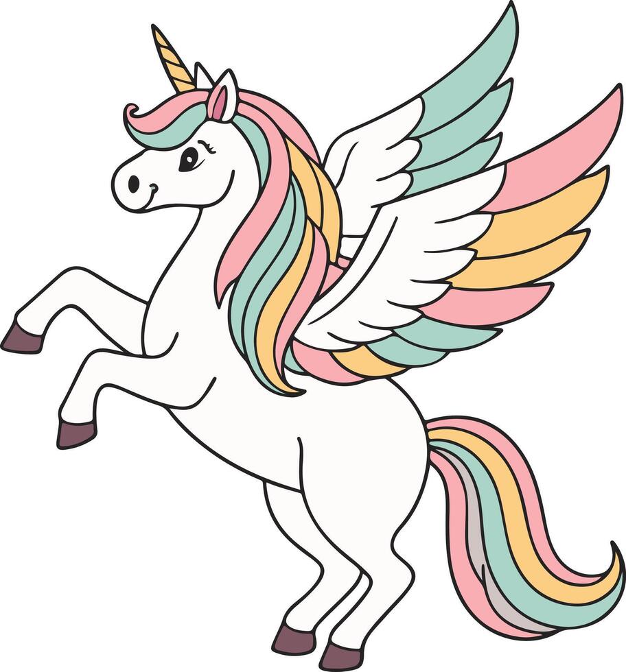 Magical rainbow unicorn with glitter wings and sparkles, bright cartoon look perfect for fantasy art and childrens prints vector