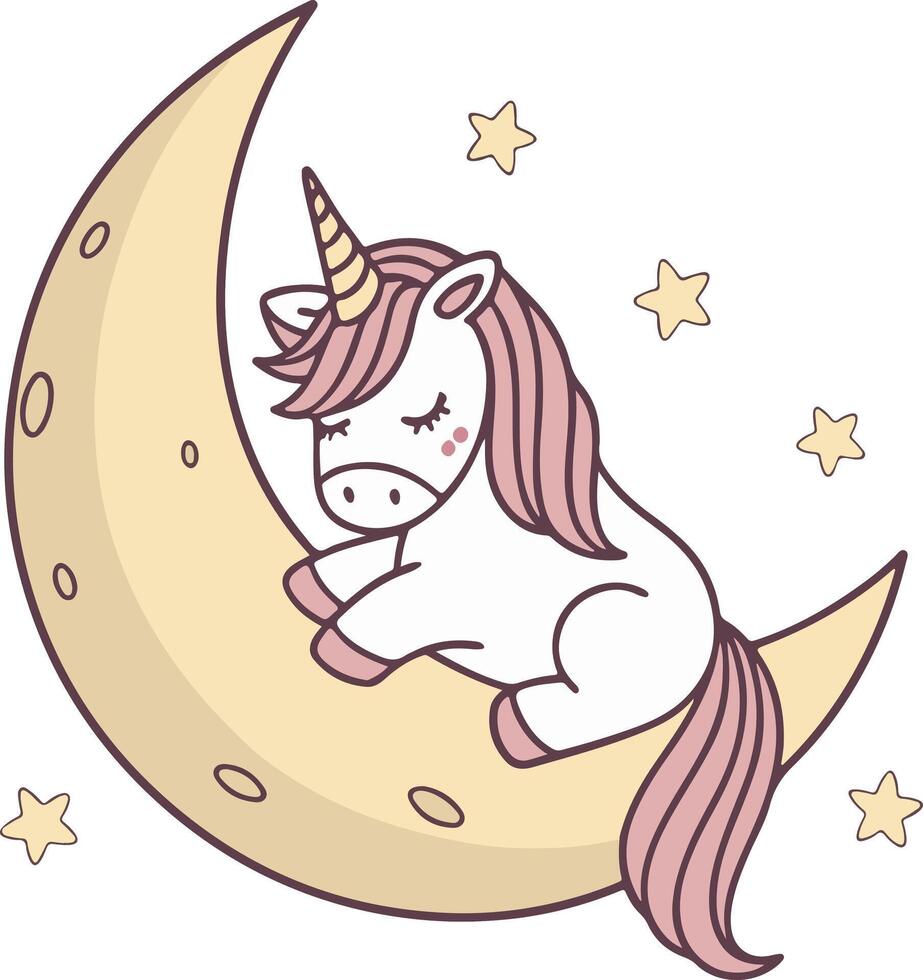 Sleeping unicorn on crescent moon with stars, pastel dreamy theme design perfect for baby room wall art and nursery prints vector