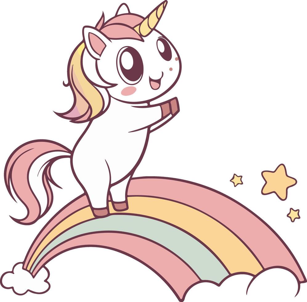 Kawaii unicorn with large eyes on rainbow, pastel soft color style suitable for kids decor and playful art vector