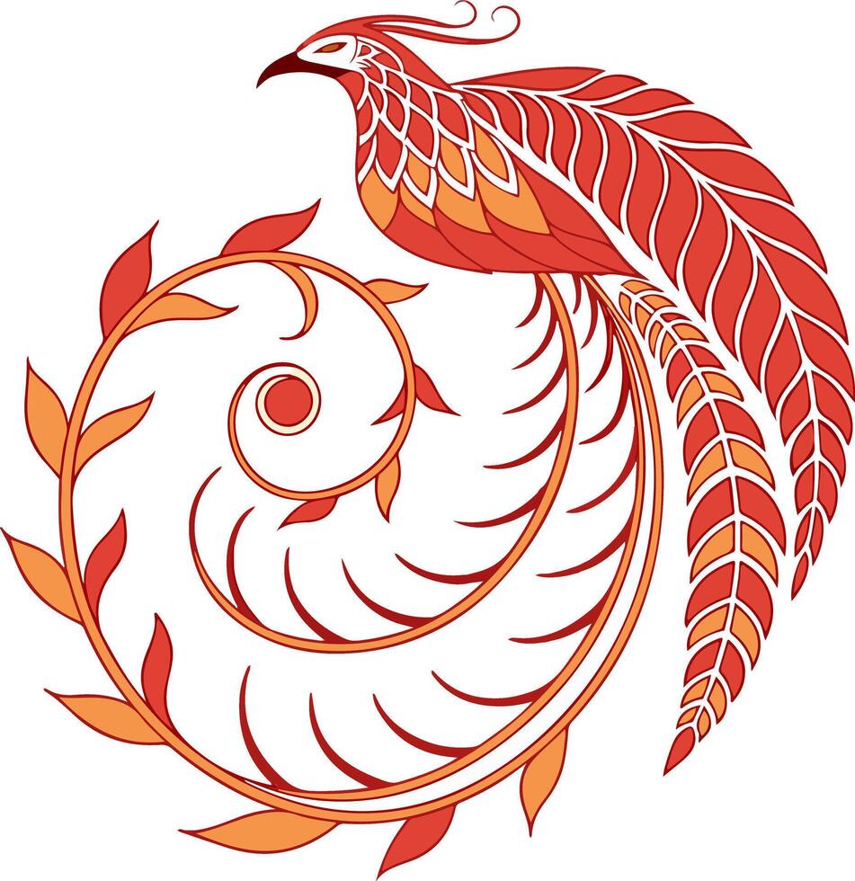 Abstract phoenix flame tail swirl in red-orange tones, flat design ideal for fantasy art, tattoos, or modern posters vector