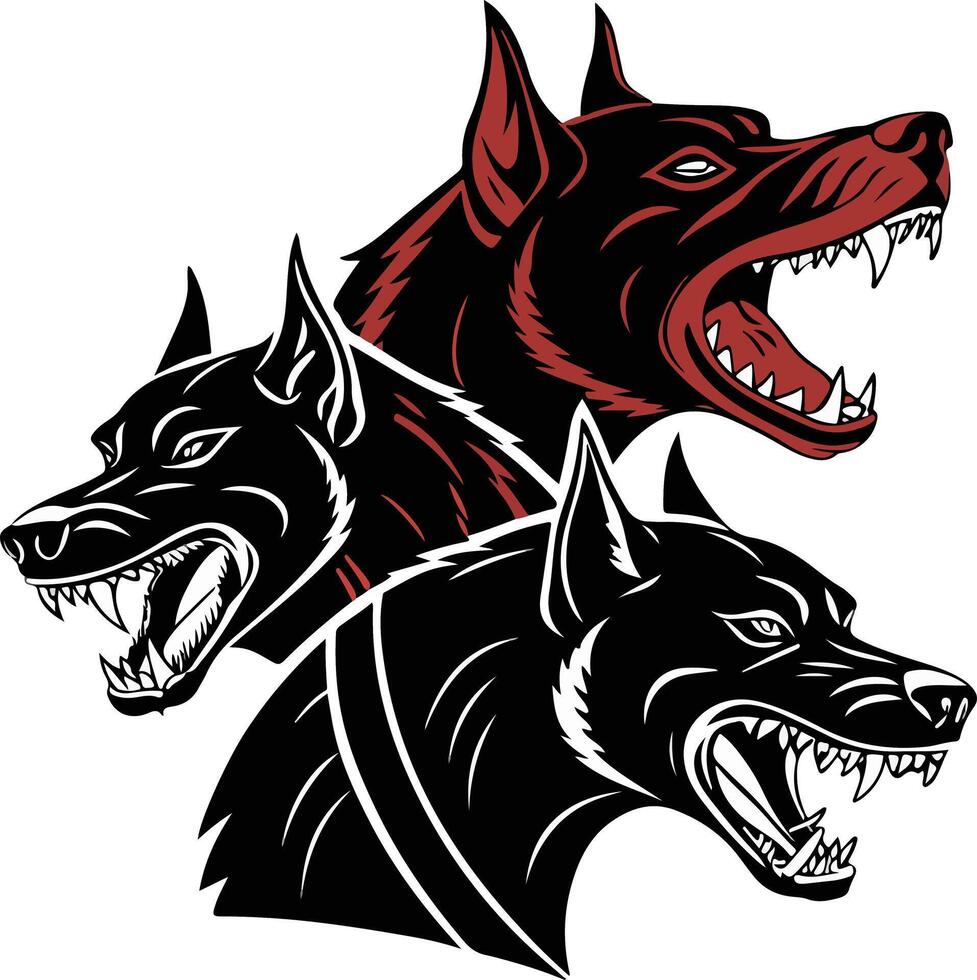 Three-headed Cerberus dog in horror design with bold lines and shadow depth, red and black tone fantasy creature for dark themes vector