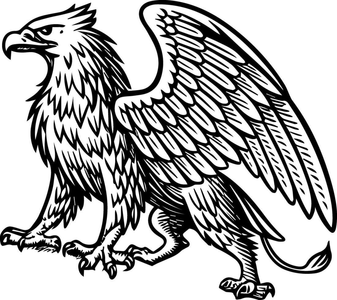 Griffin in vintage engraving with feathered details and proud stance, historic mythical style fit for classic legend artwork vector