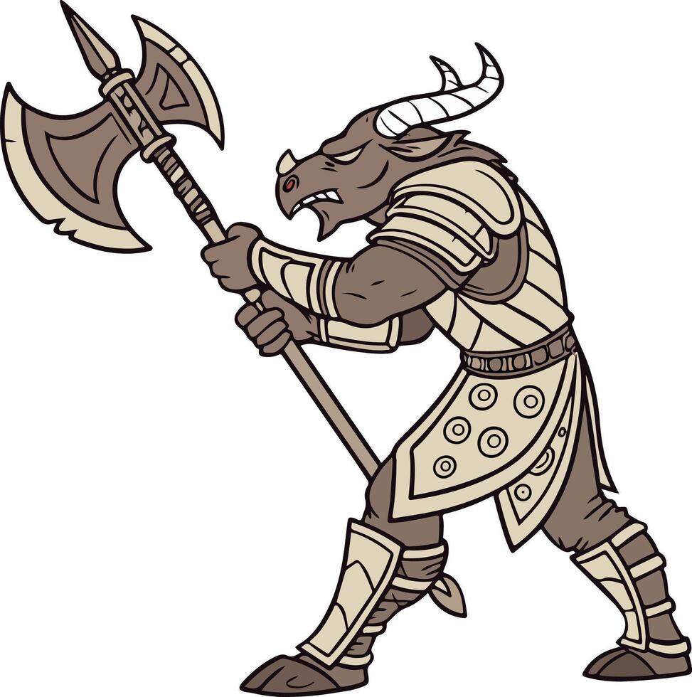 Cartoon-style minotaur warrior holding axe, strong pose with armor in fantasy RPG theme, isolated myth hero for game use vector