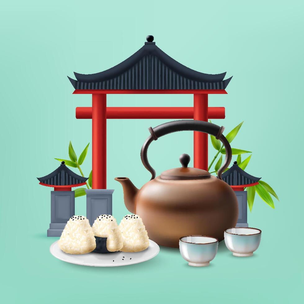Asian Culture Festival Illustration with teapot and Torii Gate vector