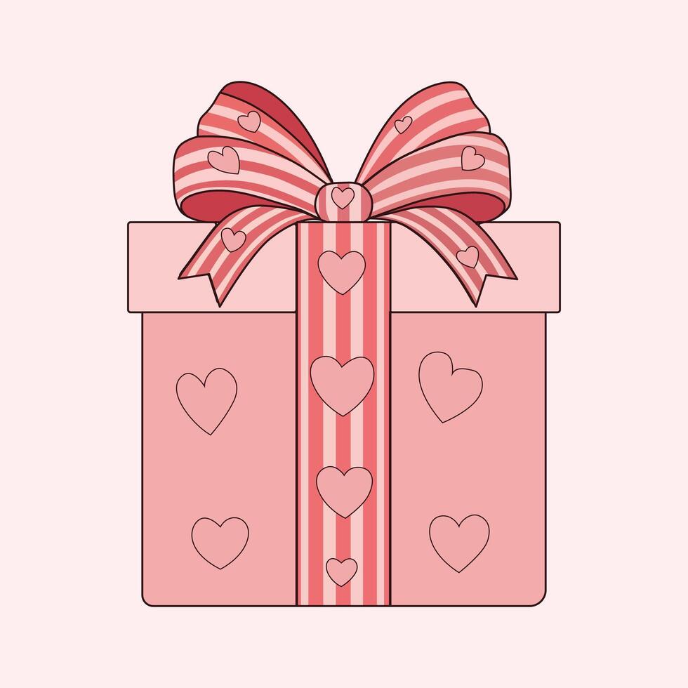 Valentine's Day Gift Box Illustration with Pink Stripes and Heart Accents, On Pastel Background vector