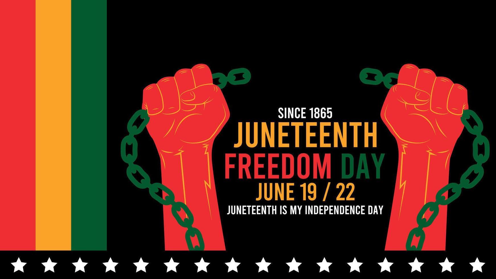 Large hand holding a raised chain against a Juneteenth themed background. Symbol of freedom and justice. Copy space included for a title, message or branding. vector