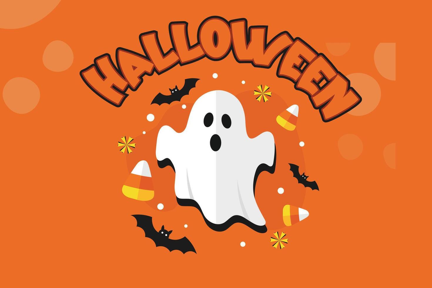 Cartoon Halloween Background with Ghost, Bats, Candy Corns, Flowers, and Halloween Sign on Orange Backdrop vector