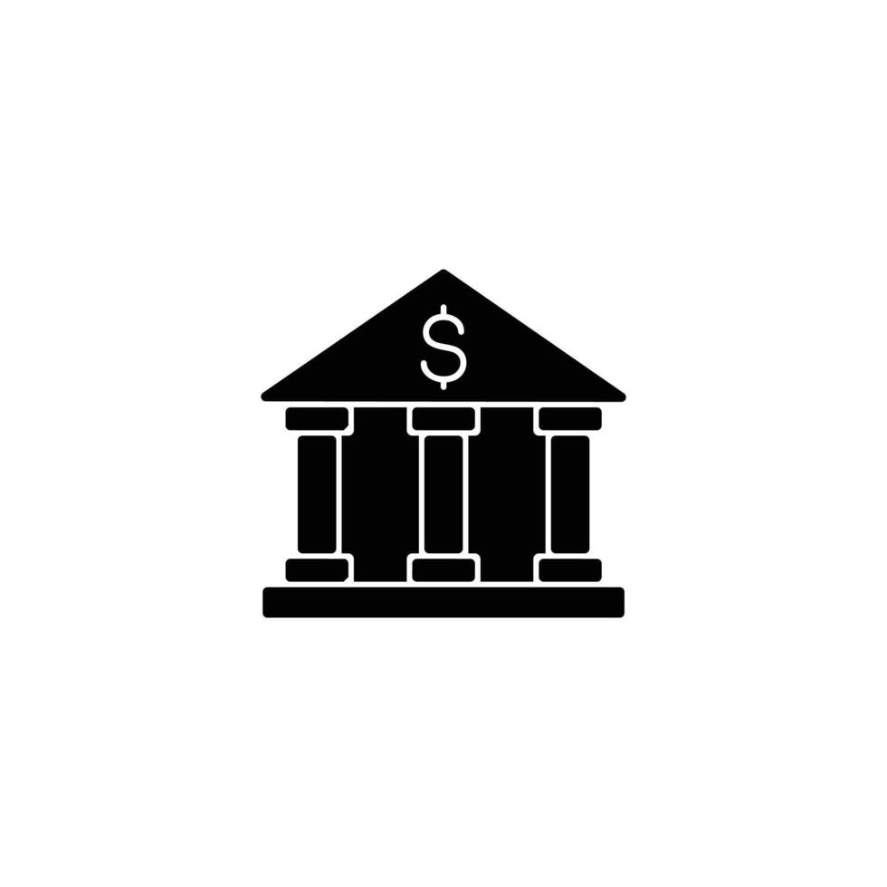 A simple black and white icon of a bank building with a dollar sign on the roof. Represents finance, banking, and money. vector