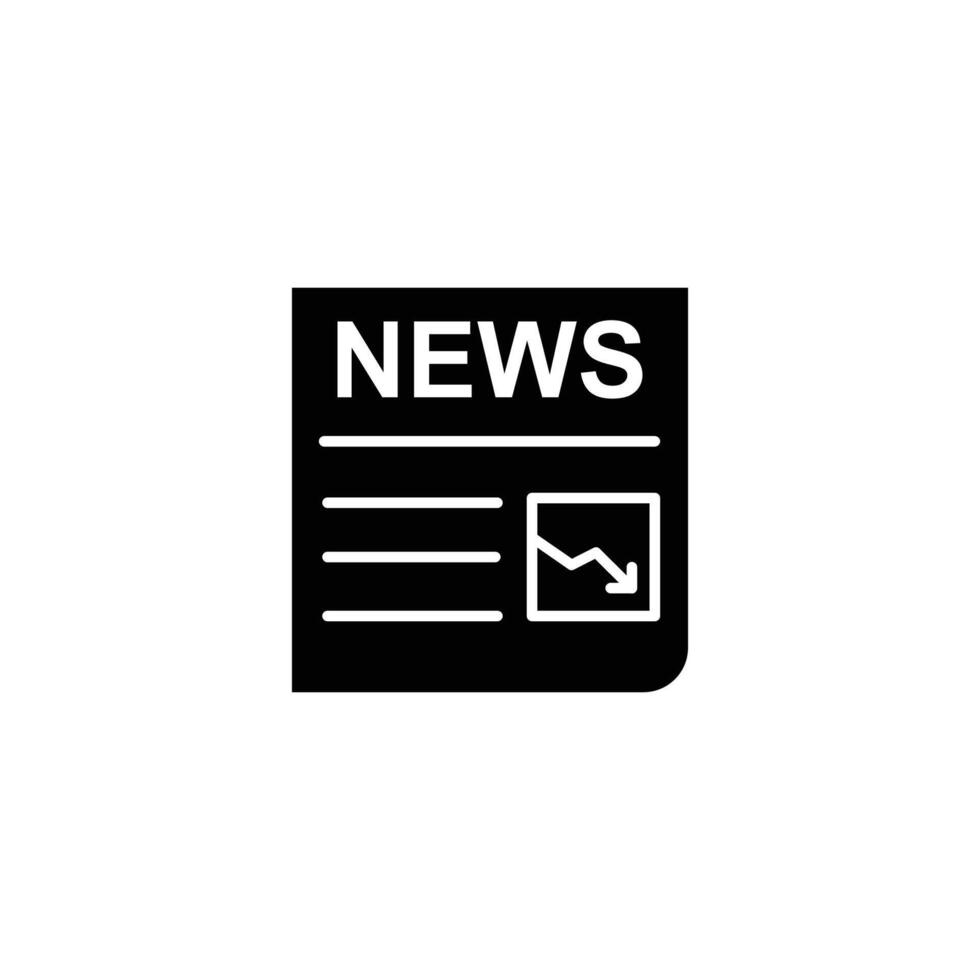 Black and white icon depicting newspaper with downward trend graph. vector