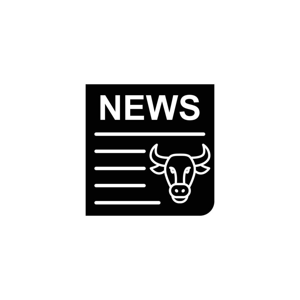 A simple, black and white icon depicting a newspaper with a bull head, symbolizing financial news and bull markets. vector