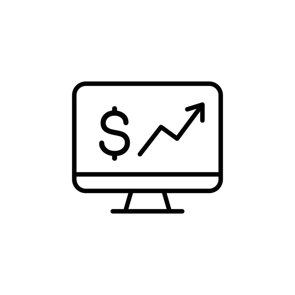 A simple icon depicting financial growth, showing a rising graph and dollar sign on a computer screen. vector