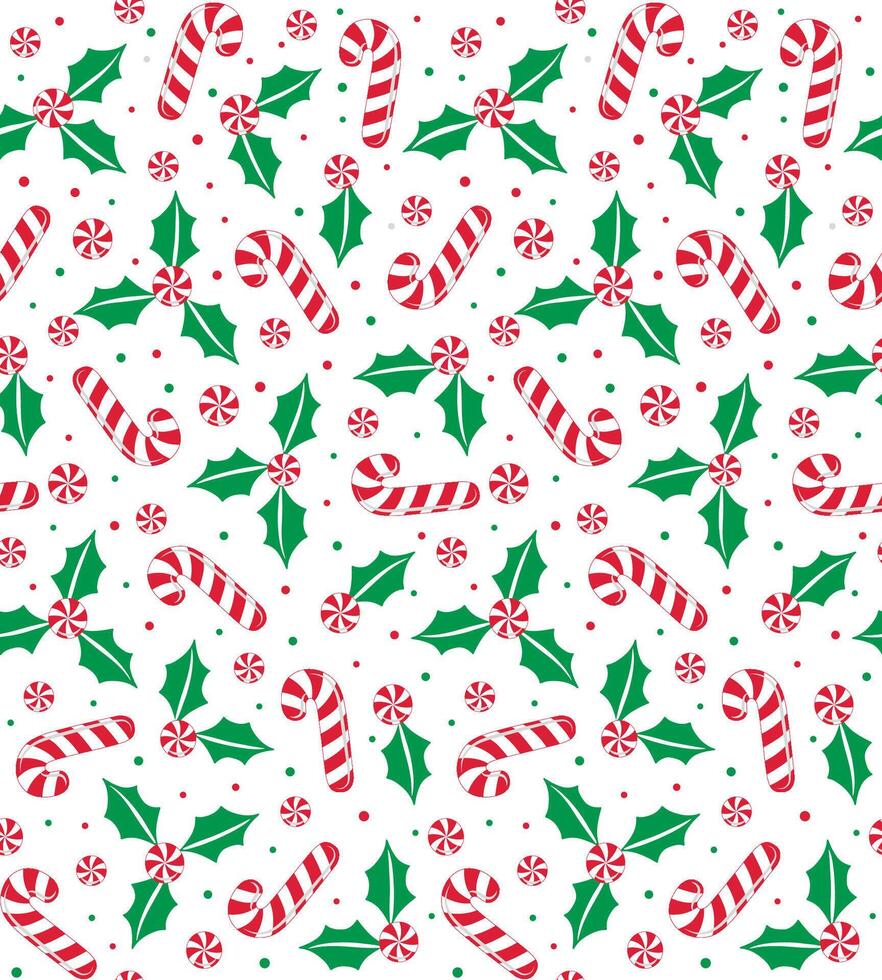 Seamless Christmas Candy Cane With Holly Leaves Pattern For Paper Gift Wrap And Fabric Print vector