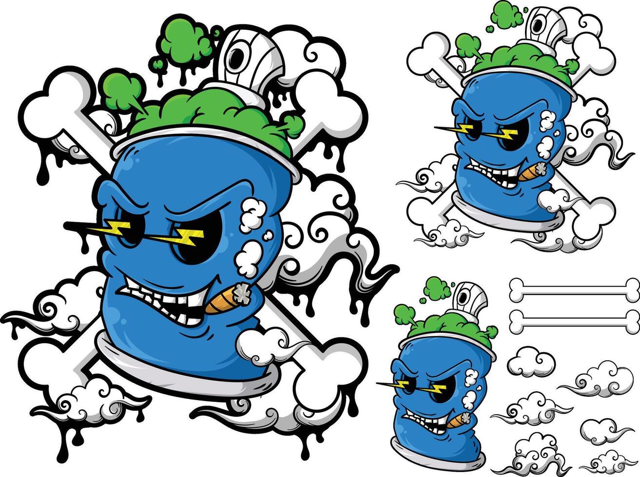 cartoon blue can with smoke and skull vector